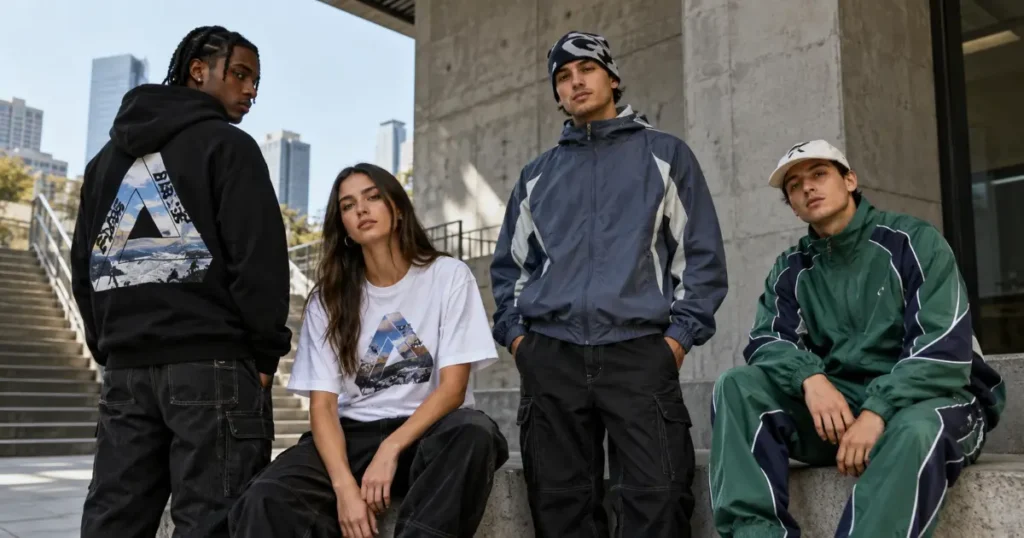 Four models wearing a graphic hoodie, white T-shirt, blue jacket, and green tracksuit in an urban streetwear setting