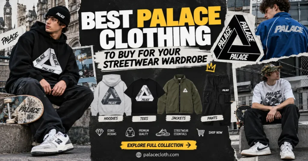 Palace clothing four streetwear models wearing a graphic hoodie, white T-shirt, blue jacket, and green tracksuit in an urban setting