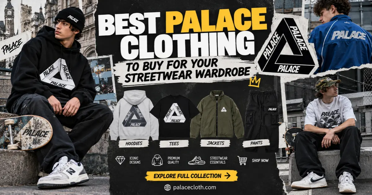 Palace clothing four streetwear models wearing a graphic hoodie, white T-shirt, blue jacket, and green tracksuit in an urban setting