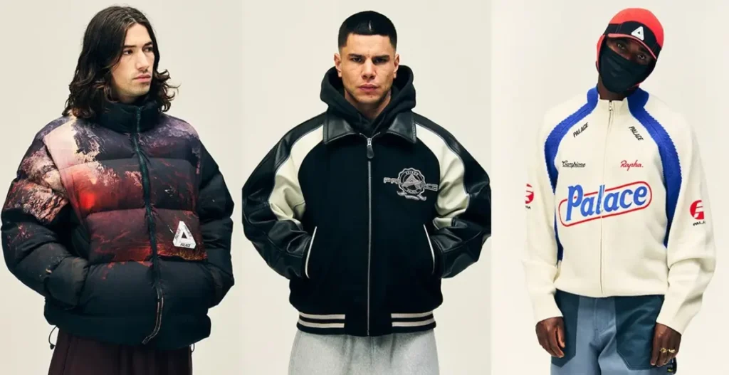 Models wearing Palace-inspired track jackets, windbreakers and streetwear outerwear with relaxed trousers