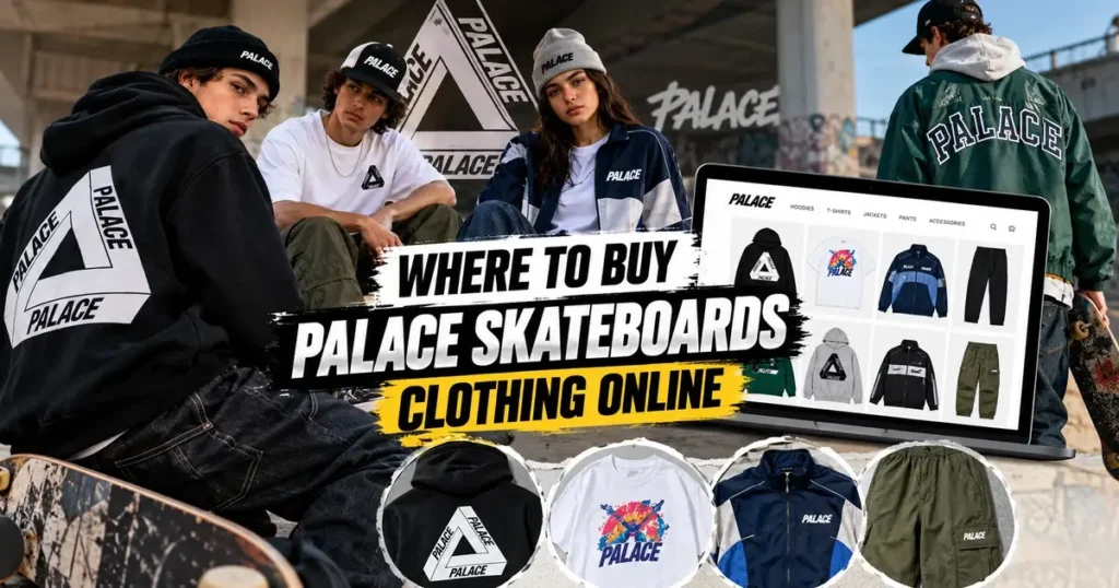 Palace Skateboards streetwear models wearing graphic hoodies, T-shirts, track jackets, and relaxed pants in an urban setting